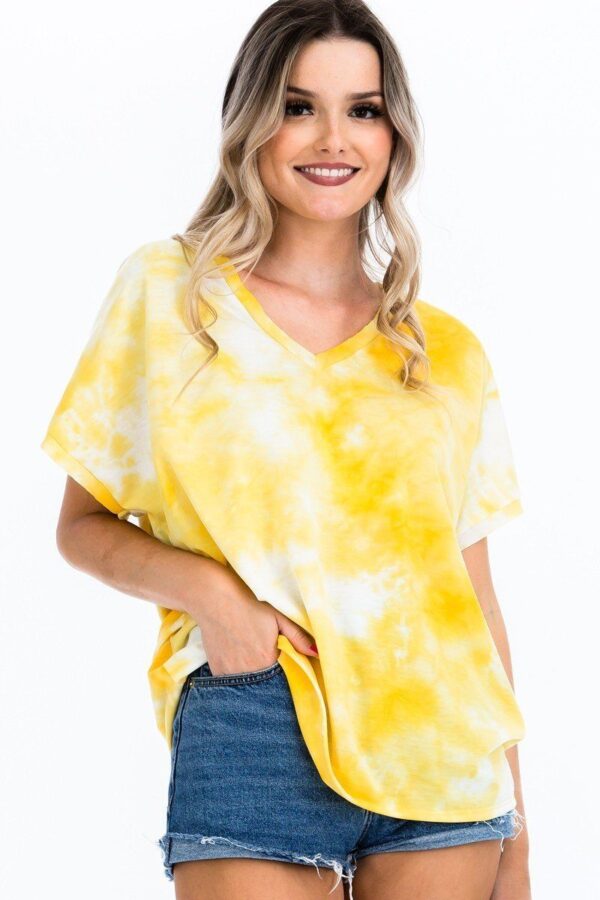 Yellow Tie-Dye V-Neck Top with Cuffed Short Sleeves