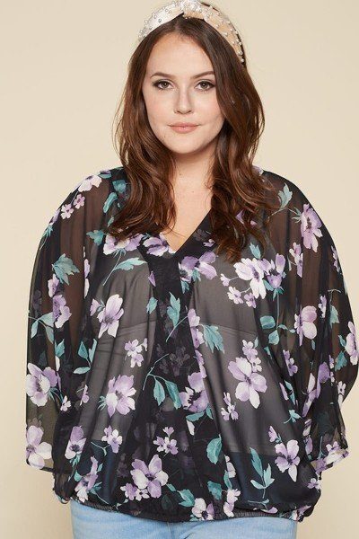 Plus Size Floral Chiffon Surplice Top – Sheer Black