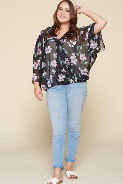 Plus Size Floral Chiffon Surplice Top – Sheer Black