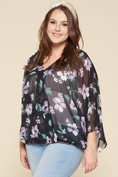 Plus Size Floral Chiffon Surplice Top – Sheer Black