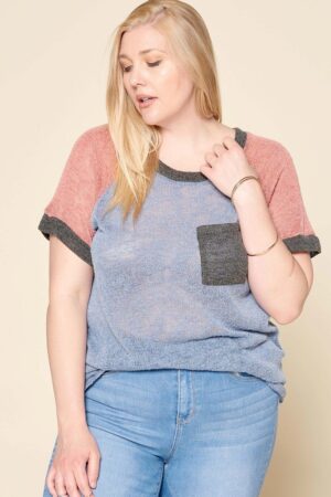 Plus Size Color-Blocked Sweater Knit Top – Raglan Short Sleeve, Blue Grey