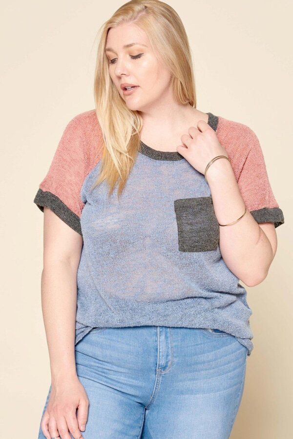 Plus Size Color-Blocked Sweater Knit Top – Raglan Short Sleeve, Blue Grey