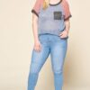 Plus Size Color-Blocked Sweater Knit Top – Raglan Short Sleeve, Blue Grey