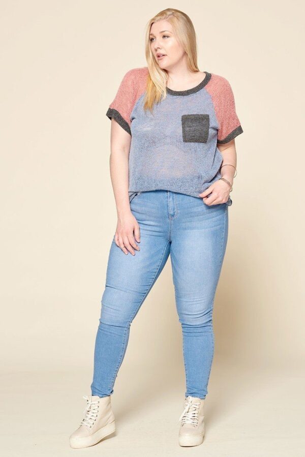 Plus Size Color-Blocked Sweater Knit Top – Raglan Short Sleeve, Blue Grey