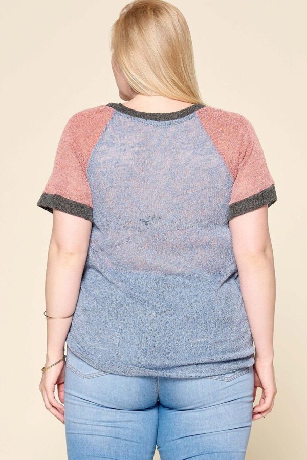 Plus Size Color-Blocked Sweater Knit Top – Raglan Short Sleeve, Blue Grey