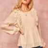 Semi-Sheer Striped Woven Top with Ruffle Hem – Cream