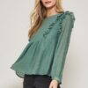 Semi-Sheer Striped Woven Top with Ruffled Hem – Green