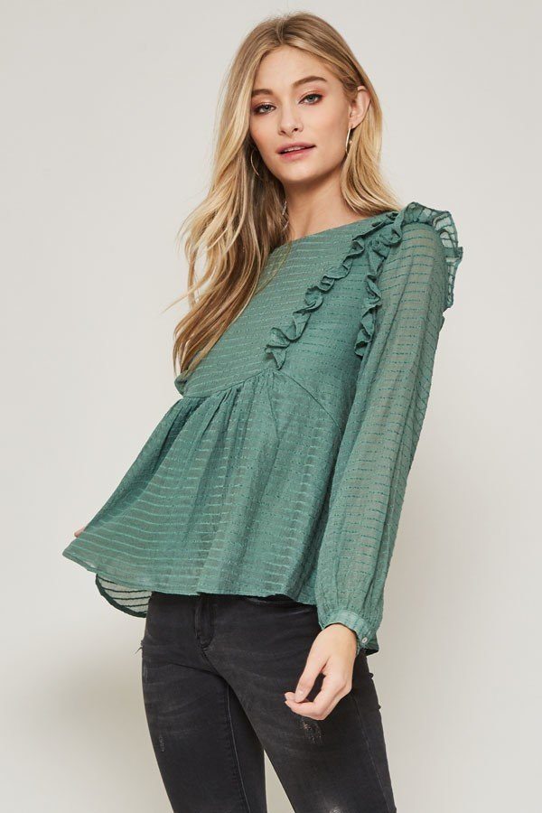 Semi-Sheer Striped Woven Top with Ruffled Hem – Green
