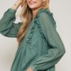 Semi-Sheer Striped Woven Top with Ruffled Hem – Green