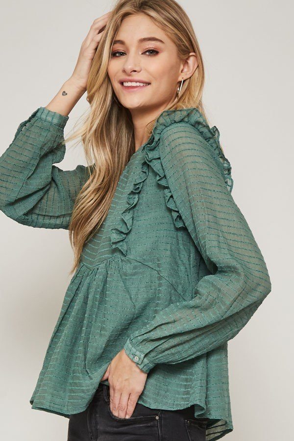 Semi-Sheer Striped Woven Top with Ruffled Hem – Green