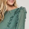 Semi-Sheer Striped Woven Top with Ruffled Hem – Green