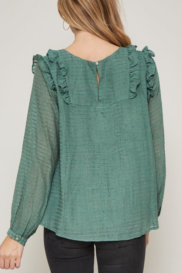 Semi-Sheer Striped Woven Top with Ruffled Hem – Green