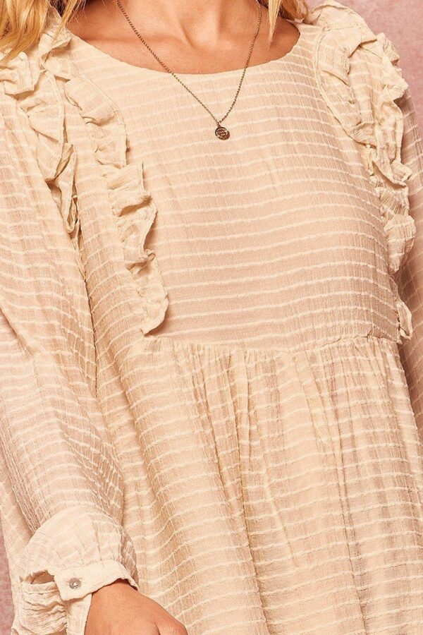 Semi-Sheer Striped Woven Top with Ruffle Hem – Cream