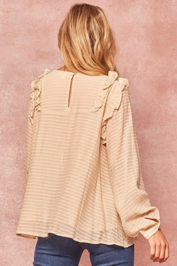 Semi-Sheer Striped Woven Top with Ruffle Hem – Cream