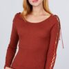 Ribbed Long-Sleeve Sweater Top with Strappy Detail – Rust