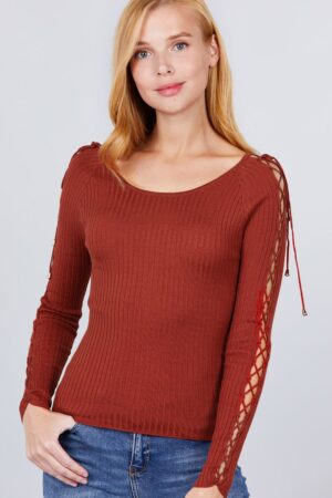 Ribbed Long-Sleeve Sweater Top with Strappy Detail – Rust