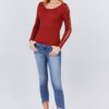 Ribbed Long-Sleeve Sweater Top with Strappy Detail – Rust