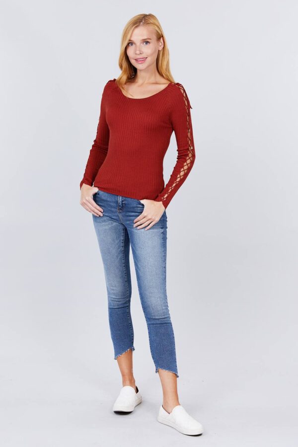 Ribbed Long-Sleeve Sweater Top with Strappy Detail – Rust