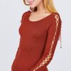 Ribbed Long-Sleeve Sweater Top with Strappy Detail – Rust