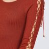 Ribbed Long-Sleeve Sweater Top with Strappy Detail – Rust