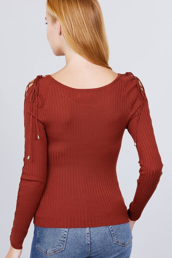 Ribbed Long-Sleeve Sweater Top with Strappy Detail – Rust