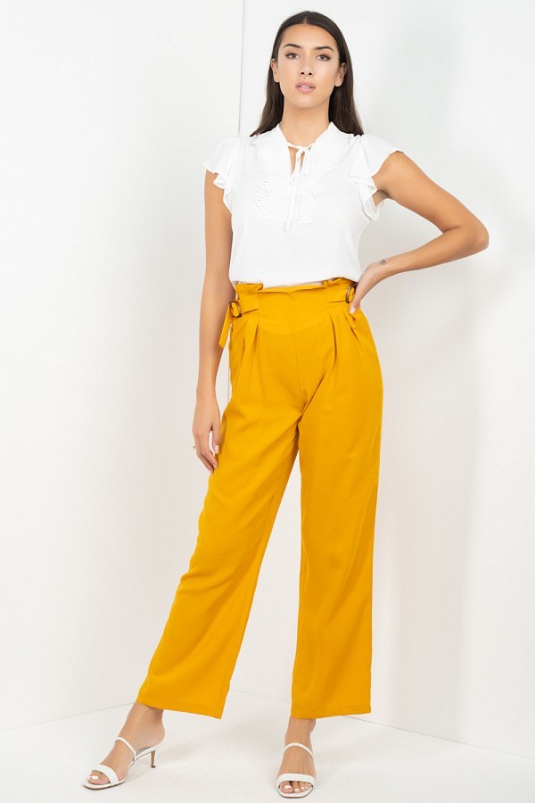 High-Waist Paperbag Wide-Leg Pants – Mustard
