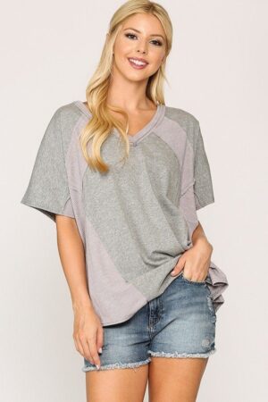 Rib Knit Dolman Sleeve Top with Round Hem – Heather Grey