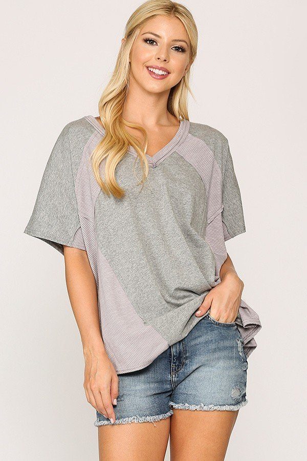 Rib Knit Dolman Sleeve Top with Round Hem – Heather Grey