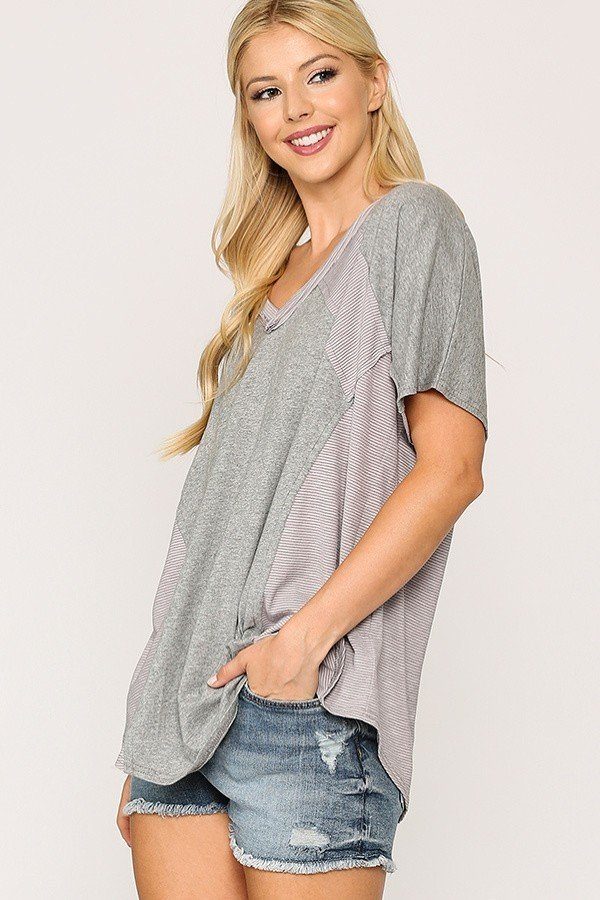 Rib Knit Dolman Sleeve Top with Round Hem – Heather Grey