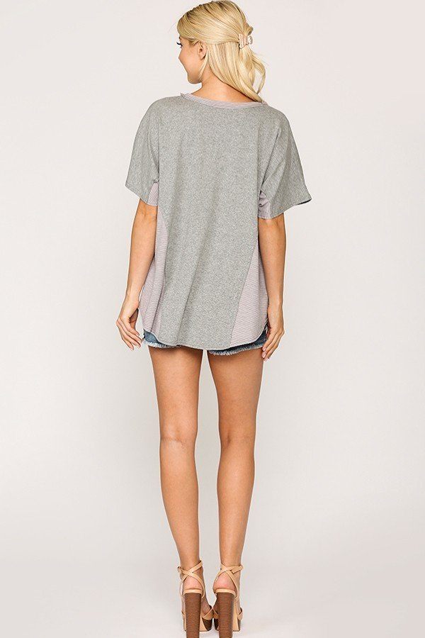 Rib Knit Dolman Sleeve Top with Round Hem – Heather Grey