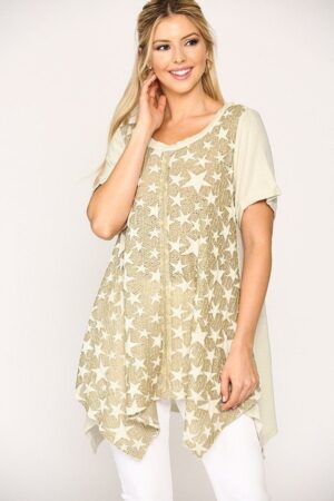 Star Textured Knit Tunic with Shark-Bite Hem – Golden Sand