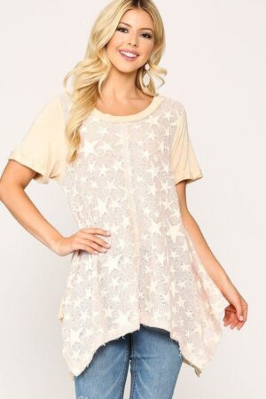 Star-Textured Knit Tunic Top with Shark-Bite Hem