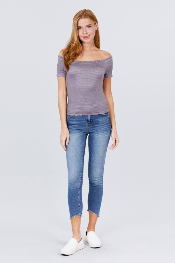 Off-Shoulder Smocked Short Sleeve Top – Silver Grey