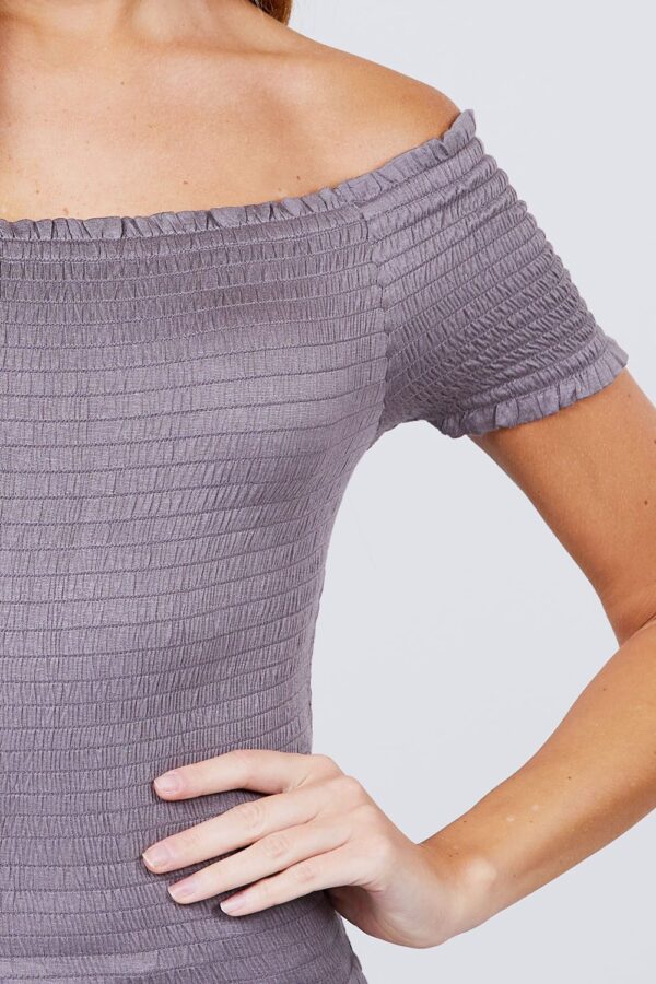 Off-Shoulder Smocked Short Sleeve Top – Silver Grey
