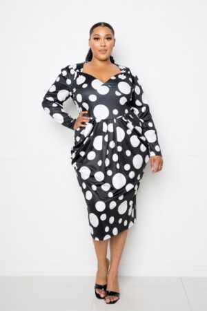 Plus Size Polka Dot Drop-Waist Ruched Midi Dress