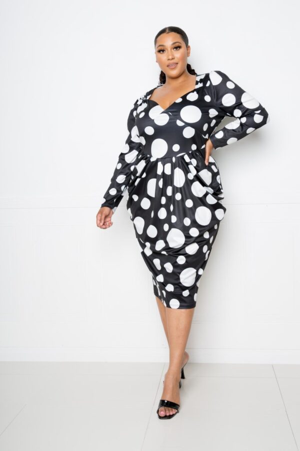 Plus Size Polka Dot Drop-Waist Ruched Midi Dress