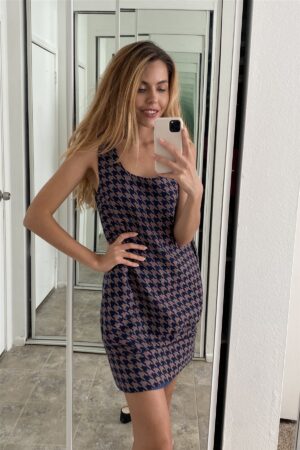 Multi Houndstooth Sleeveless Mini Dress – Lined Back Button