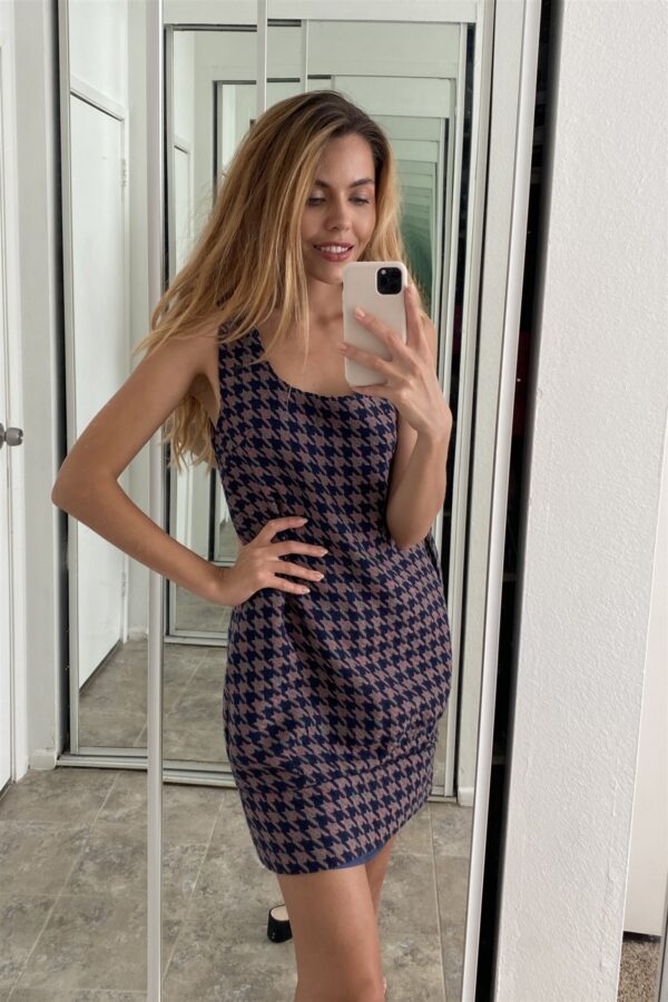 Multi Houndstooth Sleeveless Mini Dress – Lined Back Button