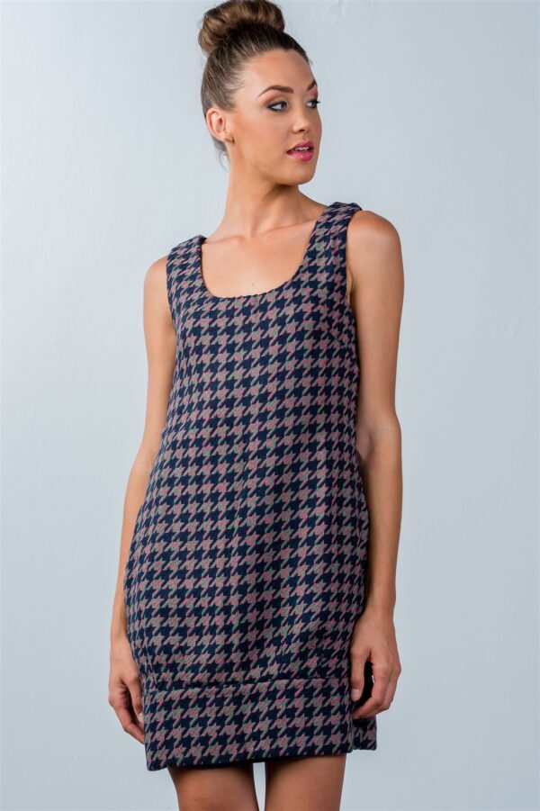 Multi Houndstooth Sleeveless Mini Dress – Lined Back Button