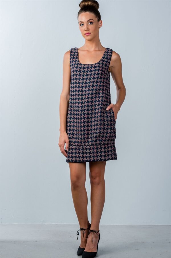 Multi Houndstooth Sleeveless Mini Dress – Lined Back Button