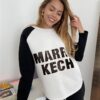 Contrast Sleeve Curved-Hem Cotton Sweater