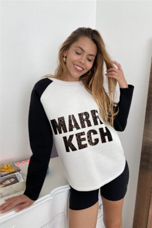 Contrast Sleeve Curved-Hem Cotton Sweater