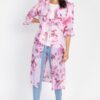 Floral Ruffle Robe Cardigan – Pink, Knee-Length