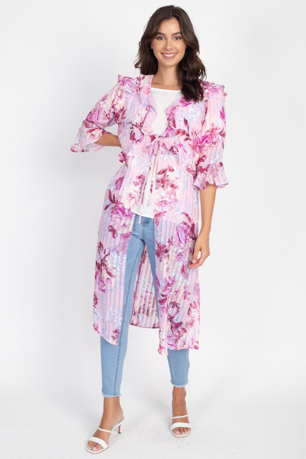Floral Ruffle Robe Cardigan – Pink, Knee-Length