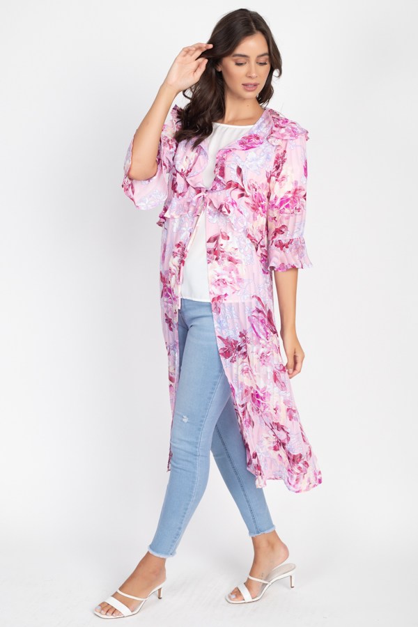 Floral Ruffle Robe Cardigan – Pink, Knee-Length