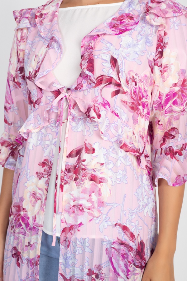 Floral Ruffle Robe Cardigan – Pink, Knee-Length