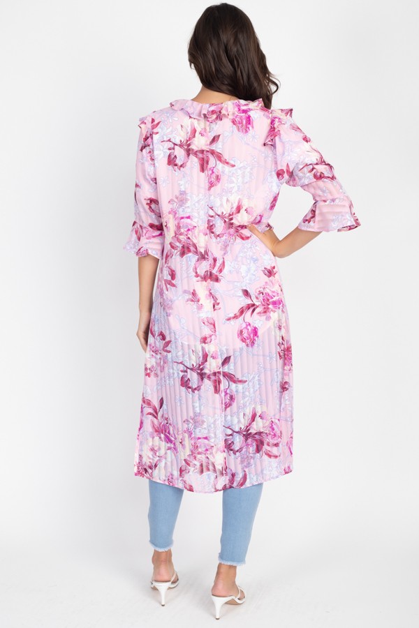 Floral Ruffle Robe Cardigan – Pink, Knee-Length