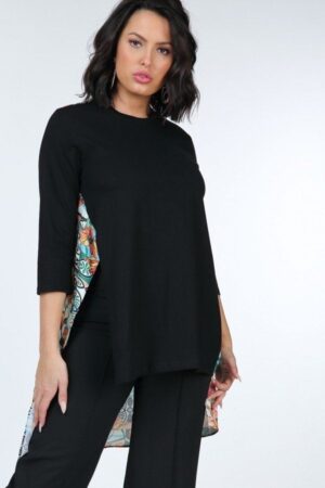 Asymmetrical Print High-Low Cotton Top – Black