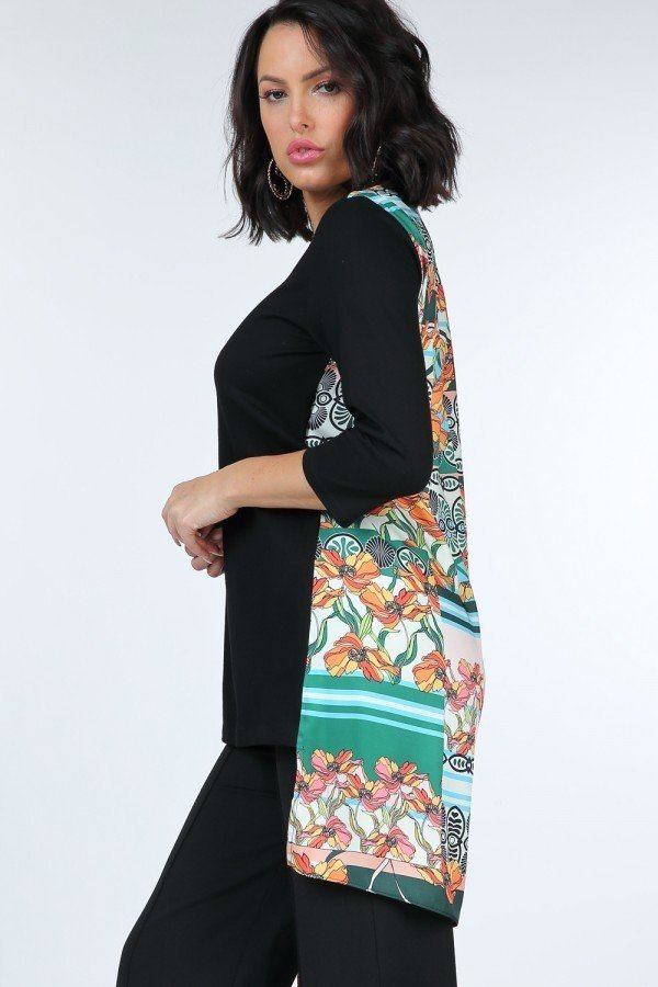 Asymmetrical Print High-Low Cotton Top – Black