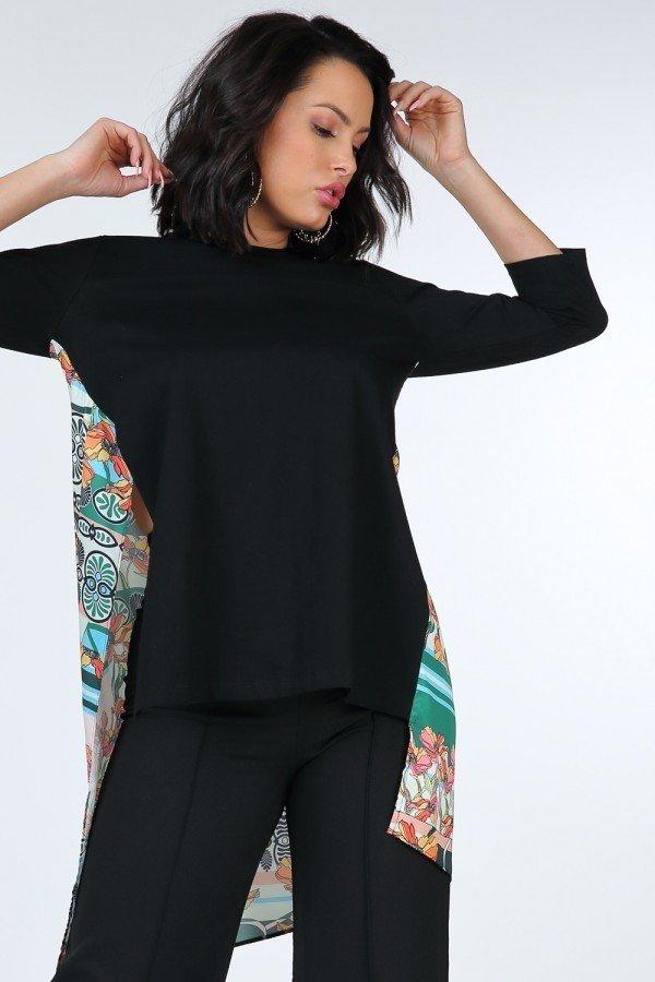 Asymmetrical Print High-Low Cotton Top – Black